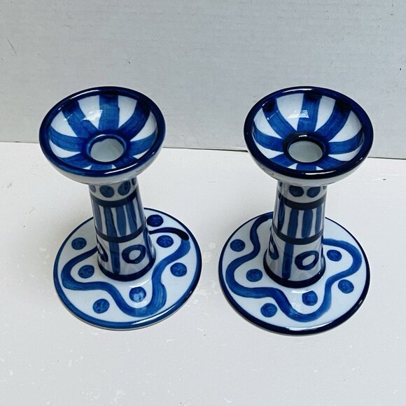 Vintage Dansk Arabesque Blue White Ceramic Candle Holders Set 2 Home Decor - Picture 3 of 9